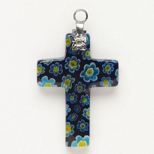 Focal 1pkg1 silver-finished steel and millefiori glass, translucent and transparent multicolored, 33x23mm-35x24mm cross. image number 0