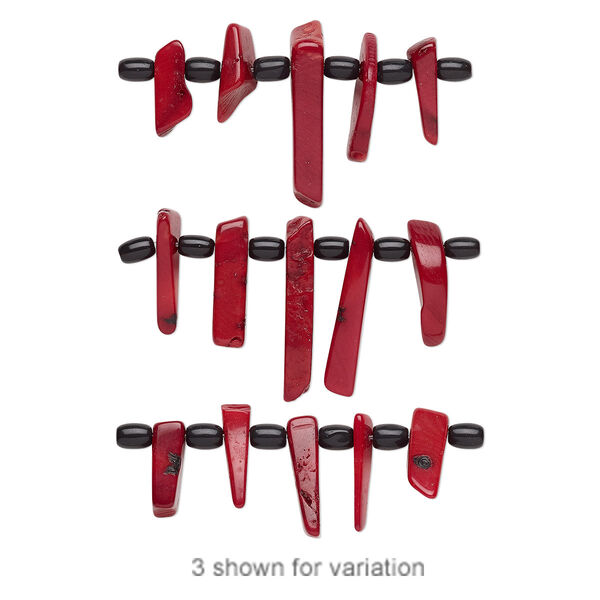Bead mix, bamboo coral (dyed) and glass, red and black, 6x4mm barrel and extra-large to gigantic top-drilled chip, Mohs hardness 3-1/2 to 4. Sold per pkg of 11. image number 0