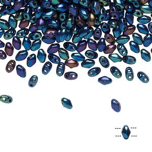 Bead, Preciosa Mini Twin™, Mini Pressed Twin, Czech pressed glass, opaque black iris blue, 4x2.5mm oval with (2) 0.7mm holes. Sold per 50-gram pkg.