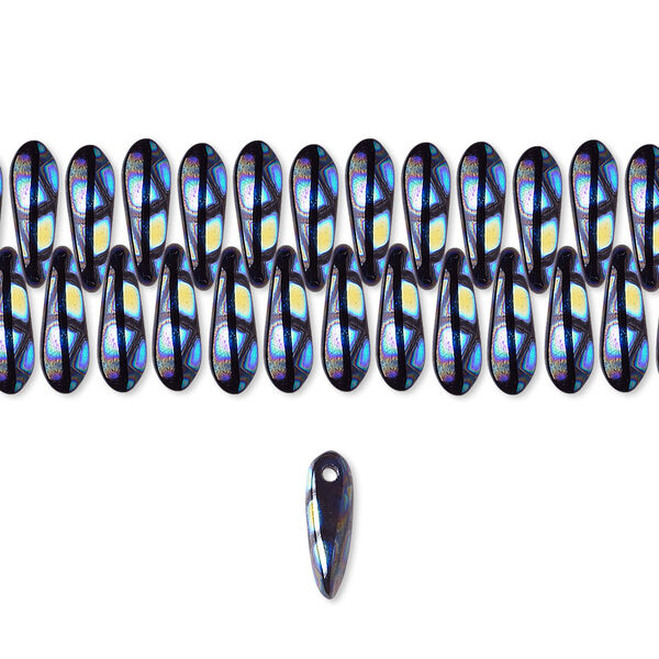 Bead, Czech pressed glass, opaque black and metallic rainbow, 10x3mm top-drilled dagger with dots. Sold per 15-1/2" to 16" strand, approximately 190-200 beads. image number 0