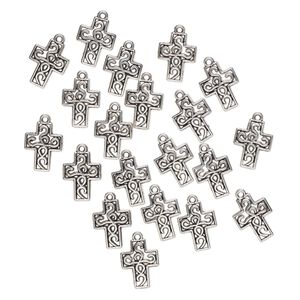 Drop, "pewter" (zinc-based alloy), pkg/20, 19x13mm double-sided cross with curls, antique silver finish.