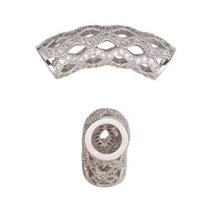 Bead, cubic zirconia and silver-plated brass, clear, 29x8mm curved tube with cutout diamond design. Sold individually.