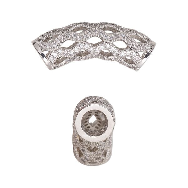 Bead, cubic zirconia and silver-plated brass, clear, 29x8mm curved tube with cutout diamond design. Sold individually. image number 0
