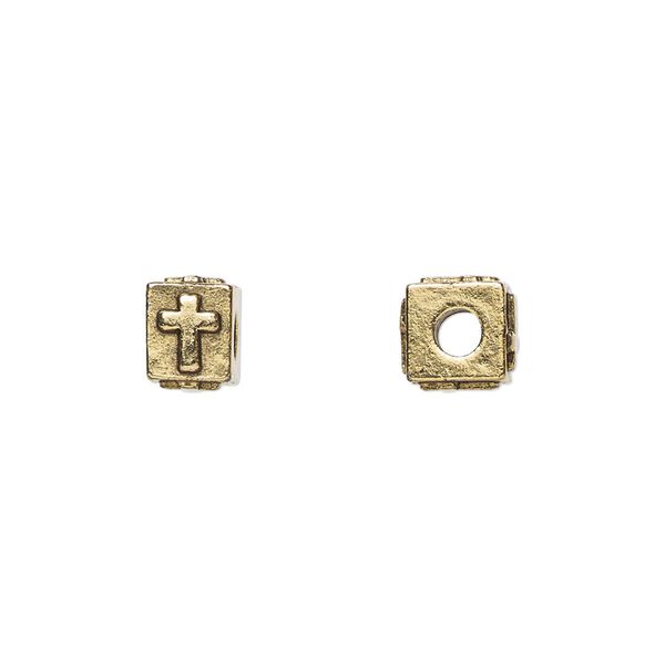 Bead, antique gold-plated pewter (tin-based alloy), 8x6mm rectangle with cross. Sold per pkg of 4. image number 0