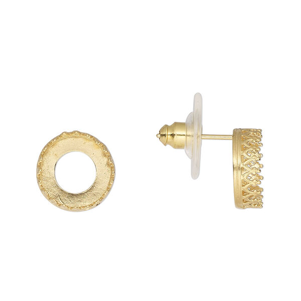 Earstud, JBB Findings, acrylic and gold-plated brass, clear, 11.5mm round with SS47 rivoli bezel setting. Sold per pair. image number 0
