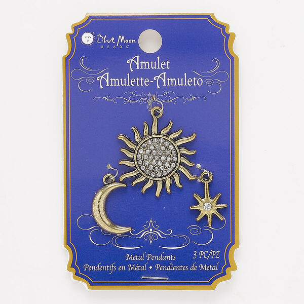 Charm, glass and antique gold-finished "pewter" (zinc-based alloy), 16x13mm star / 18x13mm moon / 28x27mm sun. Sold per 3-piece set. image number 0