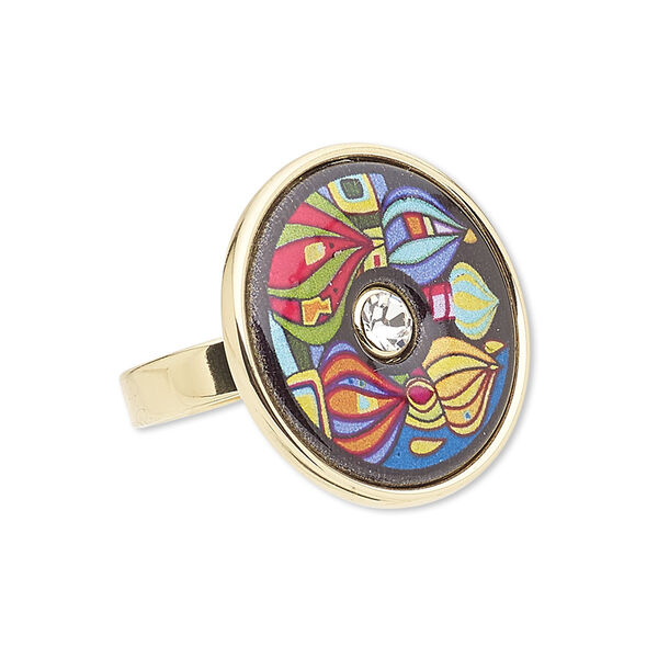 Ring, Avant-Garde Jewelry Collection, enamel / Czech glass rhinestone / gold-plated brass, multicolored, 25mm flat round with abstract onion dome design, size 8-1/2. Sold individually. image number 0
