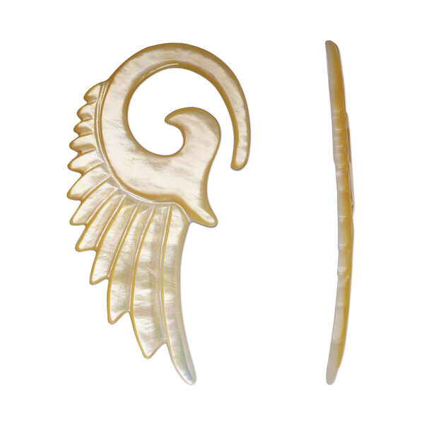 Focal, golden lip shell (natural), 61x32mm-62x33mm hand-cut undrilled single-sided carved wing, Mohs hardness 3-1/2. Sold individually. image number 0