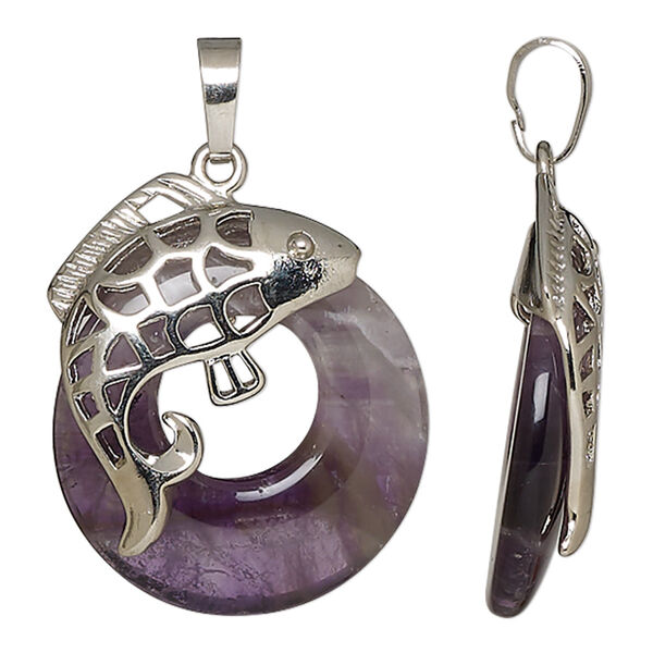 Pendant, amethyst (natural) and imitation rhodium-plated brass, 32x28mm-34.5x28.5mm single-sided fancy go-go with fish. Sold individually. image number 0