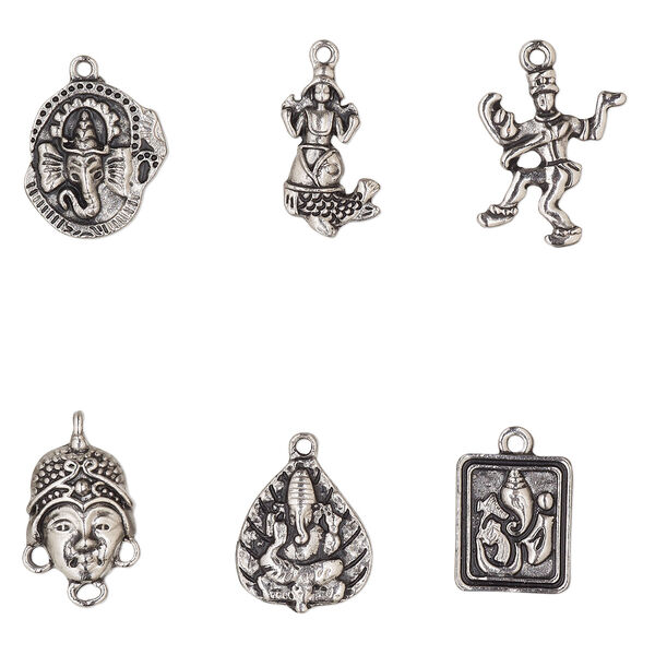 Charm mix, antique silver-finished "pewter" (zinc-based alloy), mixed sizes and shapes, single-sided. Sold per pkg of 6. image number 1