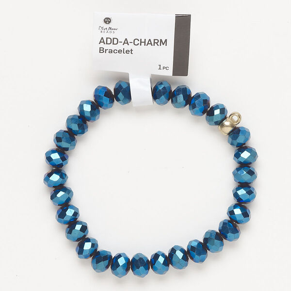 Bracelet, stretch, glass and gold-finished brass, metallic blue, 8mm faceted rondelle and 5x6mm rondelle with bottom loop, 6-1/2 inches. Sold individually. image number 0