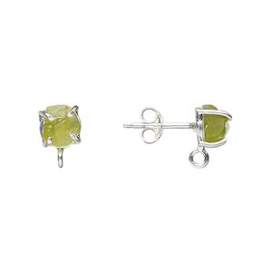 Earstud 1pkg2 sterling silver / peridot (natural), 5x5mm-7x7mm rough nugget / closed loop, 1 pair