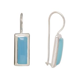 Earring, blue chalcedony (dyed) and sterling silver, 27x9mm with 15x5mm rectangle and fishhook ear wire with safety. Sold per pair.