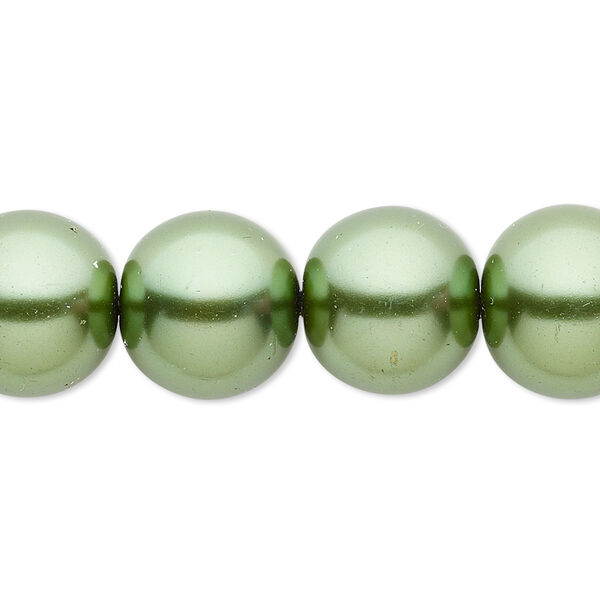 Bead, crystal pearl, medium green, 14mm round. Sold per 15-1/2" to 16" strand, approximately 25 beads. image number 0