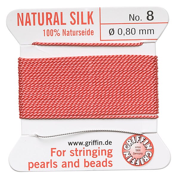 Thread, Griffin, silk, coral, size #8. Sold per 2-meter card (approximately 78 inches). image number 0