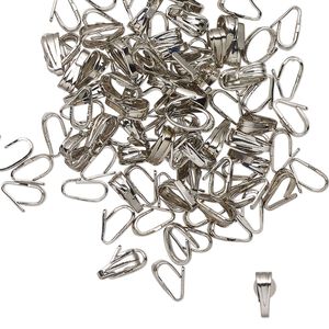 Bail, snap-on, nickel-finished stainless steel, 6x3mm with 5mm grip length. Sold per pkg of 100.