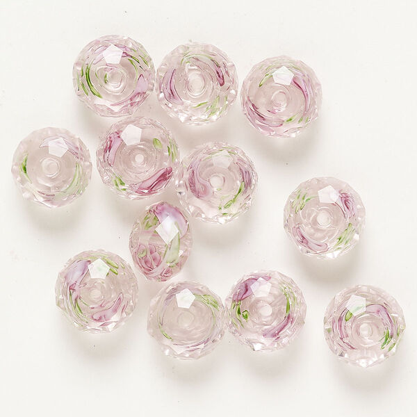 Bead glass 12pk 11x8mm-12x8mm faceted rondelle, translucent pink green purple flower image number 0
