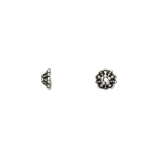 Bead cap, TierraCast®, antique silver-plated pewter (tin-based alloy), 6x2.5mm round flower, fits 5-7mm bead. Sold per pkg of 10. image number 0