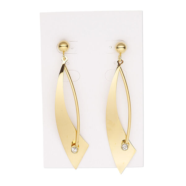 Earring, glass rhinestone and gold-finished stainless steel, clear, 2-3/4 inches with marquise and post. Sold per pair. image number 0