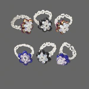 Ring mix, stretch, glass, mixed color, flower with 6x4mm rondelle, size 7-9. Sold per pkg of 6.