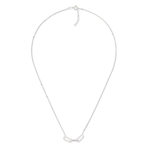 Necklace, cubic zirconia and sterling silver, clear, 32x4mm 3-link connector, 18 inches with 1-inch extender chain and springring clasp. Sold individually. image number 0