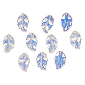 Drop, pressed glass, translucent clear AB, 28 x 17mm pressed leaf, top-drilled. top-drilled. Sold per pkg of 10.