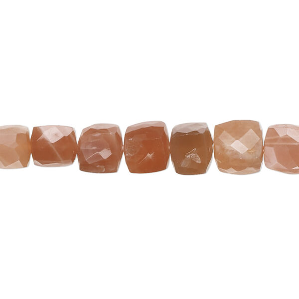 Bead, peach moonstone (natural), 6x5mm-8x7mm hand-cut faceted cube with 0.4-1.4mm hole, B+ grade, Mohs hardness 6 to 6-1/2. Sold per 9-inch strand, approximately 35 beads. image number 0