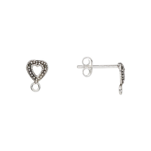 Earring, marcasite (natural) and sterling silver, 6x6mm open heart with closed loop. Sold per pair. image number 0