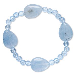 Bracelet, stretch, quartz (dyed) and acrylic, blue, 5mm round and 20x15mm-21x16mm flat teardrop, 6-1/2 inches. Sold individually.