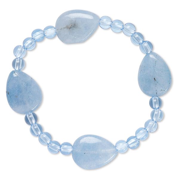 Bracelet, stretch, quartz (dyed) and acrylic, blue, 5mm round and 20x15mm-21x16mm flat teardrop, 6-1/2 inches. Sold individually. image number 0