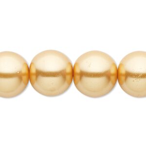 Bead, crystal pearl, gold, 14mm round. Sold per 15-1/2" to 16" strand, approximately 25 beads.