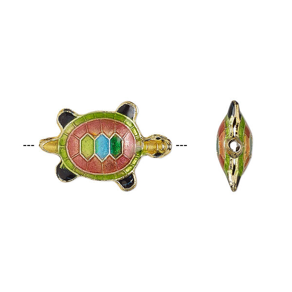 Bead, enamel and gold-finished copper, red and multicolored, 20x13mm turtle. Sold per pkg of 4. image number 0