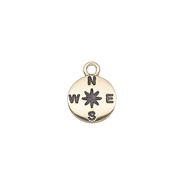 Drop, enamel and gold-finished "pewter" (zinc-based alloy), black, 11mm single-sided round with compass design. Sold individually. image number 0