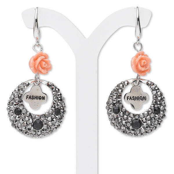 Earring, imitation rhodium-finished "pewter" (zinc-based alloy) / Czech glass rhinestones / acrylic, clear / black / pink, 32x23mm round go-go with "fashion" dangle and rose. Sold per pair. image number 0