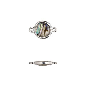 Link, paua shell and imitation rhodium-finished brass (assembled), 9.5-10.5mm double-sided round. Sold per pkg of 4.