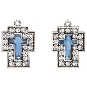 Drop, antique silver-finished "pewter" (zinc-based alloy) and glass, clear and light blue, 25x19mm cross. Sold per pkg of 2.