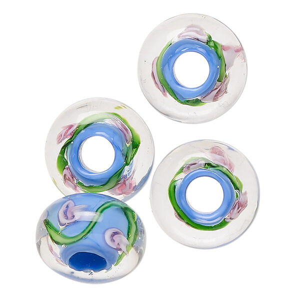Bead, lampworked glass, multicolored, 16x9mm rondelle with flowers and leaves design. Sold per pkg of 4. image number 0