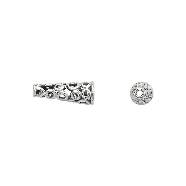 Cone, JBB Findings, antiqued sterling silver, 14x5mm with circles, 3.5mm inside diameter. Sold per pkg of 2. image number 0