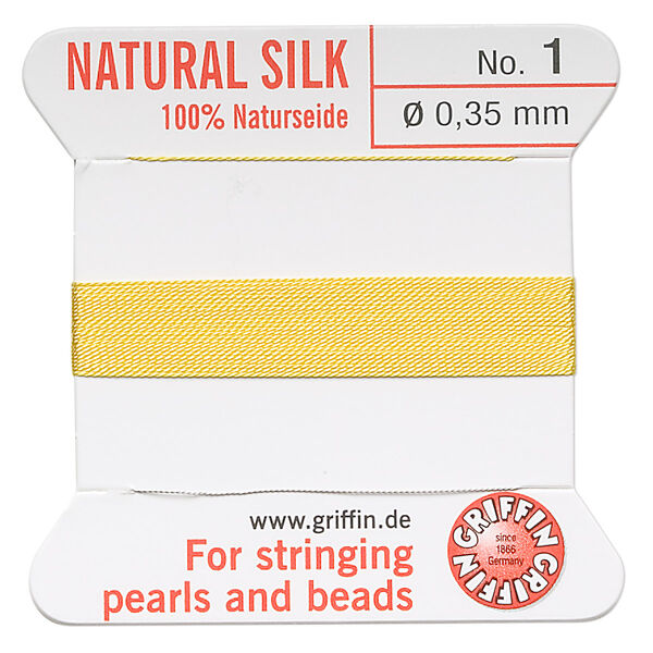 Thread, Griffin, silk, yellow, size #1. Sold per 2-meter card (approximately 78 inches). image number 0