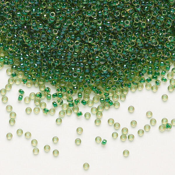 Seed bead, Miyuki, glass, pkg/250g, #15 rocaille, translucent emerald-lined luster light topaz (RR-331). image number 0