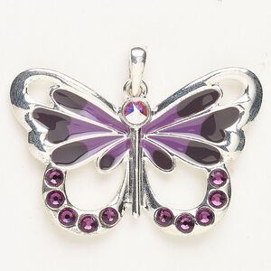 Pendant "pewter" zinc-based alloy enamel glass 1pk 42x28mm butterfly, silver finish multicolored
