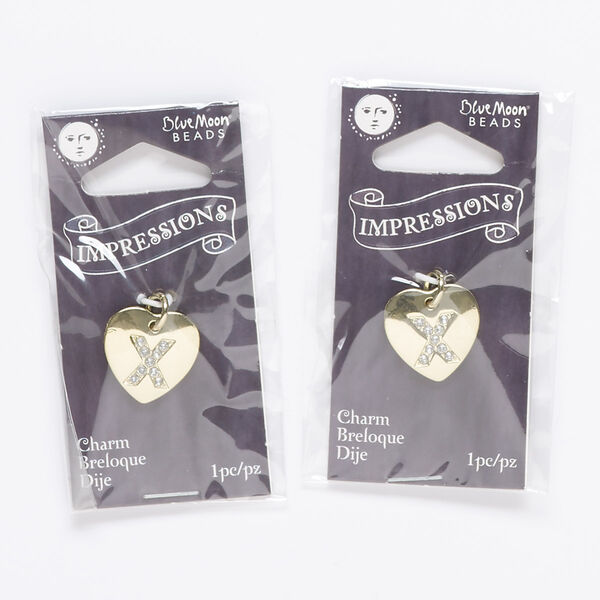 Charm, gold-finished "pewter" (zinc-based alloy) / steel / acrylic rhinestone, clear, 15.5x15mm single-sided puffed heart with letter "X." Sold per pkg of 2. image number 0