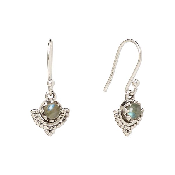 Earring, Create Compliments®, antiqued sterling silver and labradorite (natural), fishhook, 22m with 10mm single-sided beaded moon, 21 gauge. Sold per pair. image number 0