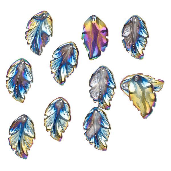 Drop, pressed glass, opaque iris multicolored, 28 x 17mm pressed leaf, top-drilled. top-drilled. Sold per pkg of 10. image number 0