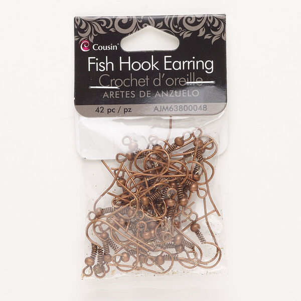 Ear wire, antique copper-finished steel, 19mm fishhook with 3mm ball and 4mm coil, 21 gauge. Sold per pkg of 21 pairs. image number 0