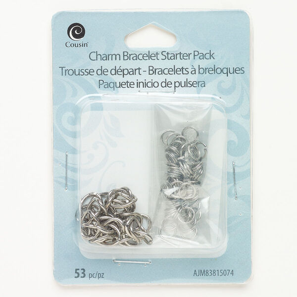 Bracelet split ring jump ring assortment steel 53pk 8.2mm curb 6mm round jump ring oval split ring, imitation rhodium finish 7 inch image number 0