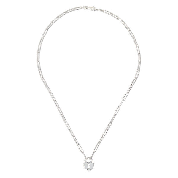 Necklace, sterling silver, paper clip chain with 16x12mm heart lock, 18 inches with lobster claw clasp. Sold individually. image number 0