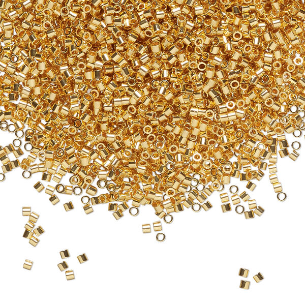 Seed bead, Delica®, glass, pkg/4g, #15 round, opaque 24Kt gold-plated (DBS-0031). image number 0