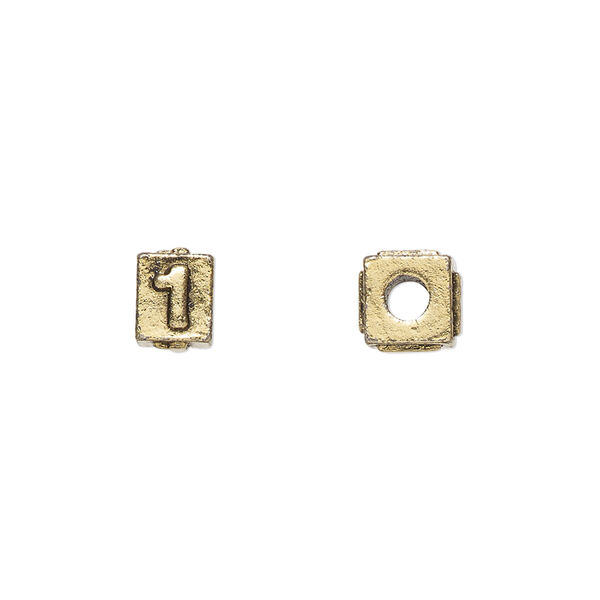 Bead, antique gold-plated pewter (tin-based alloy), 8x6mm rectangle with number "1." Sold per pkg of 4. image number 0