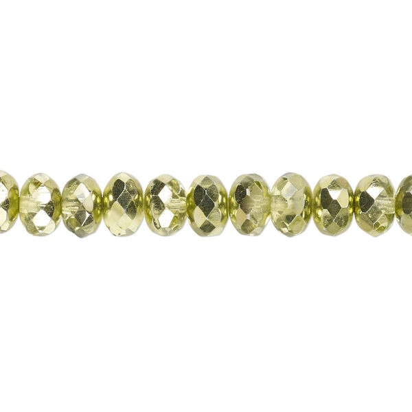 Bead, Czech fire-polished glass, metallic green, 7x5mm faceted rondelle. Sold per 15-1/2" to 16" strand. image number 0